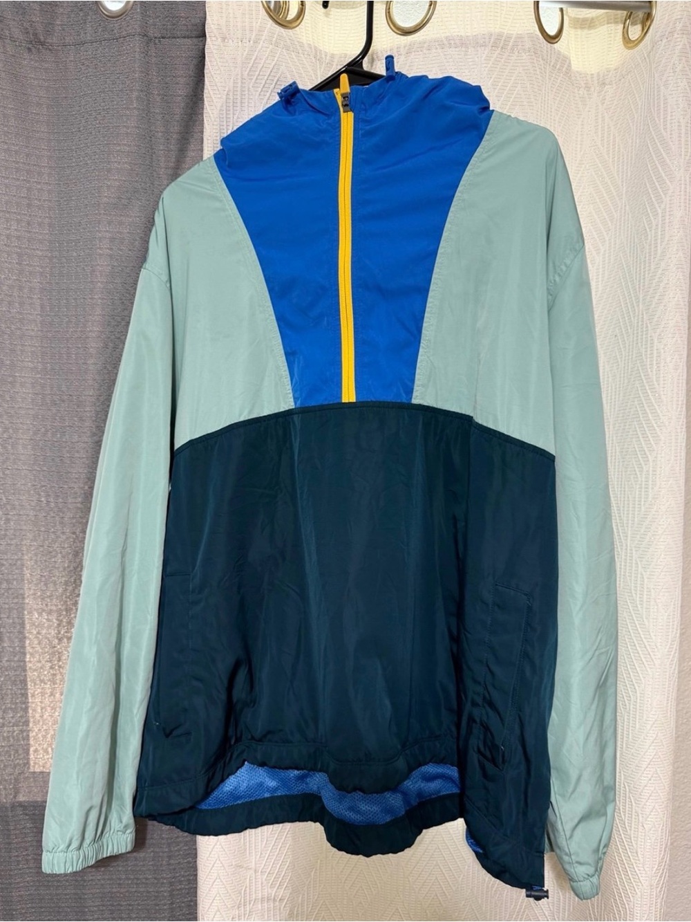 Old Navy Colorblock Windbreaker in Light Blue, Royal Blue & Navy with Yellow Zip